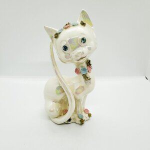 Vintage Lefton Luster Iridescent Cat Floral Flower Crown Pastel Rhinestone *FLAW